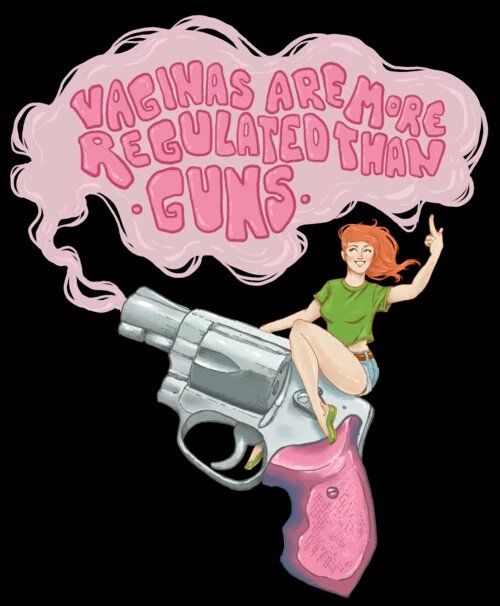 drawing of a red haired girl riding a pink revolver